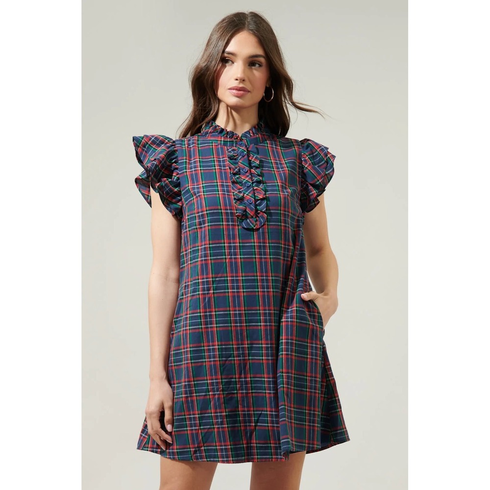 NWOT Sugarlips Chapman Plaid Shift Dress Navy Red Green Ruffle XXL